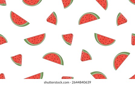 Pedaços suculentos de padrão sem costura de melancia. Frutos maduros com sementes. Faça doodles de elementos em cores vermelhas e verdes no plano de fundo branco. Impressão de verão em tecido e papel. Design vetorial para têxteis.