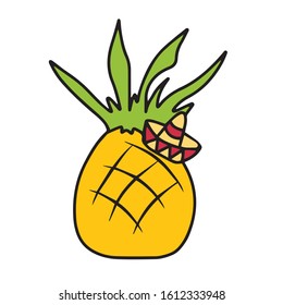 Juicy Pineapple in a Mexican hat. Hand-drawn . On a white isolated background. Vector illustration. Food and drink.