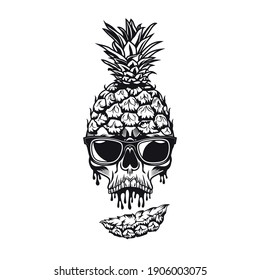 Juicy pineapple skull emblem design. Monochrome element with skeleton head in sunglasses and fruit peel vector illustration. Summer tropical party concept for symbols or tattoo templates