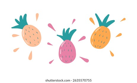 Ananases suculentos elementos isolados no fundo branco em estilo ingênuo, paleta pastel, desenhado à mão