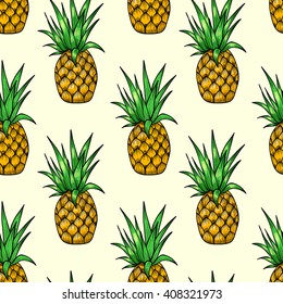 Juicy pineapples on a beige background. Vector seamless pattern