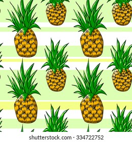 juicy pineapples  on striped background vector seamless pattern