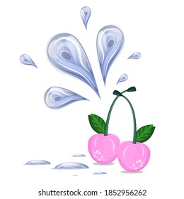 Cereza rosa jugosa con salpicaduras de agua y gotas. fruta fresca no estándar. La caricatura estilizó la comida. Ilustración vectorial.