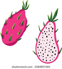 Juicy pink pitahaya fruit, whole and sliced. Pictures on a plain white background are a useful fruit. A sticker with scribbles. Dragon Fruit