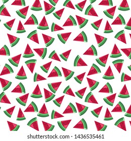
juicy pink triangular piece of watermelon chaotic seamless pattern cartoon style