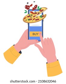 Juicy pizza in the concept of ordering ready meals by phone in the application. Phone in hand. Flat vector illustration