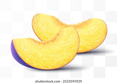Juicy plum slices isolated on transparent background. Ripe purple fruits, prunes, natural berries, Pieces of fresh sweet plum, fresh organic food. Realistic vector 3d illustration