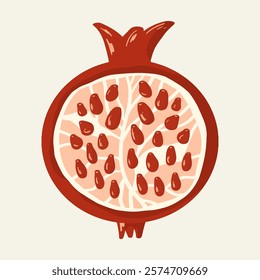 Juicy pomegranate cut with pits. Handmade in doodle style. Bright ripe pomegranate for culinary prints, textiles, and logos.