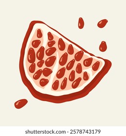 Juicy pomegranate cut with pits. Handmade in doodle style. Bright ripe pomegranate for culinary prints. National Pomegranate Month.