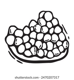 Juicy pomegranate fruit pulp with seeds. Vector black and white hand drawn illustration in linocut style on isolated background. Drawing for design of food and drink packaging, menus, fabric, cards
