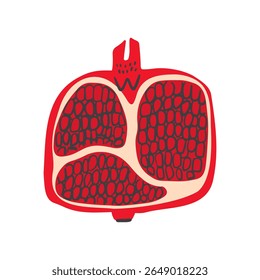Suculenta romã moderna ilustração vetor plana sobre fundo branco. Fruta exótica madura cortada ao meio mostrando as sementes. 