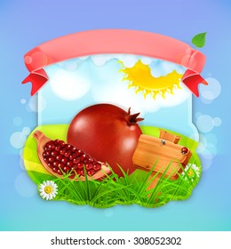 Juicy pomegranate, vector label design