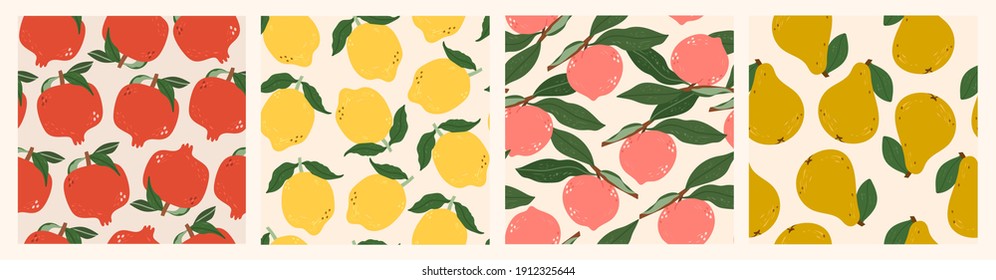 Juicy Pomegranates, Lemons, Peaches, Pears. Fresh tasty Fruits. Hand drawn colored Vector illustrations. Set of four Seamless Patterns. Background, wallpaper. For textile Prints or Wrapping paper