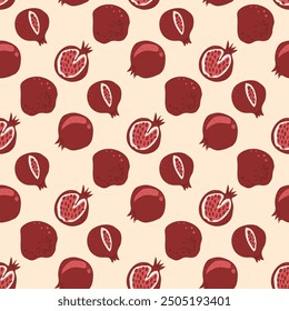 Juicy pomegranates seamless pattern. Whole and half fruits repeat background. Vector hand drawn flat illustration.