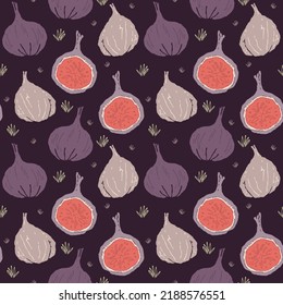 Juicy purple fig fruits, Vector seamless pattern with hand drawn elements. For fabrics, clothing, holidays, packaging paper, decoration.