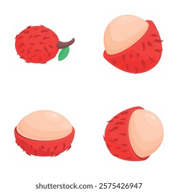 Juicy rambutan icons set cartoon vector. Whole and half of fresh tropical fruit. Natural food, healthy nutrition