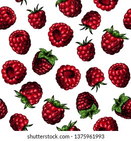 Juicy raspberries. Vector seamless pattern.Vintage style