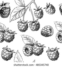 Juicy raspberries. Vector seamless pattern.Vintage style