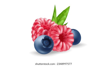 Juicy realistic berry collection of blueberries and raspberries. Fresh and organic fruits in 3D vector illustration. Perfect for health and food designs. Heap of berries closeup