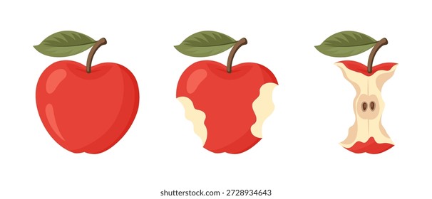 Jugoso conjunto de iconos de pasos de comer manzana roja. Etapas de una manzana consumida, entera, mordida y en su núcleo. Ilustración.