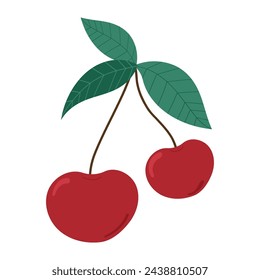 Juicy red cherry illustration on white isolated background. Healthy eating concept. For logos, postcards, prints.