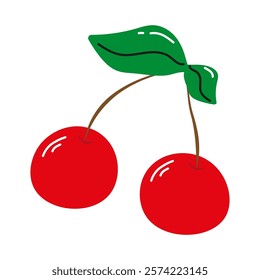 Juicy red cherry on a branch with green leaf in flat style on a white background.Isolated ripe cherry icon