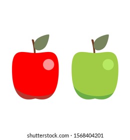 Juicy red and green apples with leaves and shadow. Isolated on white background. Vector illustration.