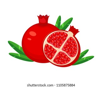 Juicy red  pomegranate fruit with leaf vector illustration. Isolated white background. Cutting pomegranate. Vector illustration isolated on white background.