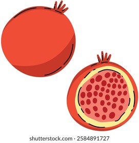 Juicy red pomegranate, whole and sliced. Pictures on a plain white background are a useful fruit. Sticker with doodles