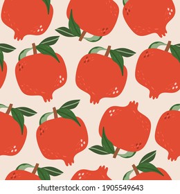 Juicy red Pomegranates, green leaves. Fresh tasty fruits. Hand drawn colored Vector illustration. Square seamless Pattern. Background, wallpaper. Perfect for textile prints or wrapping paper