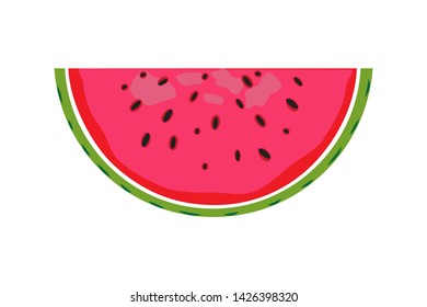 Juicy red slice of watermelon with seeds on white background. Vector illustration. Summer time