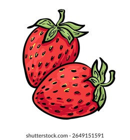Suculento duo de morango vermelho com tops verdes. Clipart desenhado à mão para embalagens de alimentos, rótulos de produtos e designs de verão.