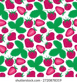 Padrão de morango vermelho suculento com folhas verdes frescas. Ideal para têxteis de verão, papel de parede e embalagem orgânica. Plano de fundo vibrante e perfeito para sua casa acolhedora