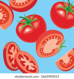 Tomates rojos jugosos con subgrupos y hojas verdes.