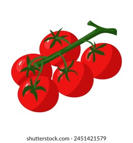 Juicy red tomatoes on the branch isolated, symbolizing freshness and natural generosity. It is ideal for culinary graphics, commercials at farmers markets, postcards with recipes. Vector illustration