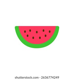 A juicy red watermelon half with black seeds and green rind, shown in flat style. Perfect for summer, freshness, or picnic visuals.