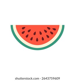 Fatia de melancia vermelha suculenta com sementes pretas e crosta verde. Para o verão, frutas, férias, praia, cartão e design de alimentação saudável. Ilustração de desenho animado de vetor plano. Isolado no fundo branco.