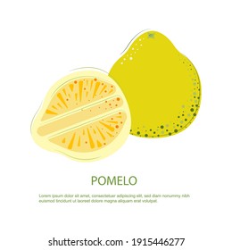 Juicy Rep Pomelo. Composición de todo y Cortar Pomelo. Ilustración de vectores planos.