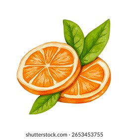Frutos cítricos maduros e suculentos de laranja com folhas verdes. Gráficos vetoriais.