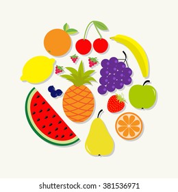 Juicy ripe fruit and berry set. Banana cherry strawberry orange pineapple grape lemon cherry watermelon blueberry pear raspberry apple Round composition Isolated Flat design Vector illustration