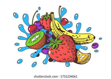 Juicy and ripe fruits vector illustration. Yummy and sweet strawberry, banana, kiwi fruit, cherries and blueberry flat style concept. Isolated on white background