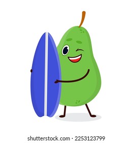 Juicy ripe green pear fruit on surfboard conquers wave. Cheerful fruit is engaged in extreme sports. Cartoon Vector isolated on white background