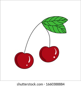 Juicy, ripe on a branch with a leaf cherry - fresh fruit, natural berry. Vector illustration