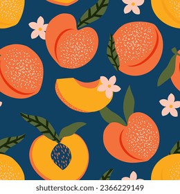 Juicy ripe peaches and apricots on a blue background. Summer tropical vibe with fruit slices and flowers seamless pattern for modern fabrics and textiles. Vector.