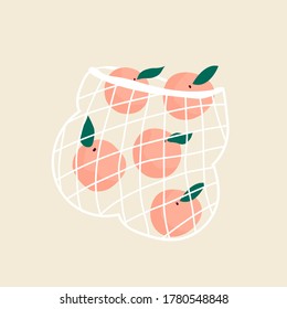 Juicy ripe peaches in a mesh eco bag. Vector illustration, design