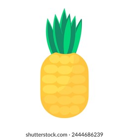 Juicy ripe pineapple with green top of leaves. Tropical exotic fruit pineapple. Summer vacation icon. Simple flat cartoon vector isolated on white background