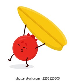Juicy ripe red pomegranate fruit on surfboard conquers wave. Cheerful fruit is engaged in extreme sports. Cartoon Vector isolated on white background