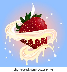 Juicy ripe strawberries. Cream and milk. Vector illustration