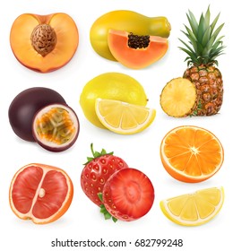 Juicy ripe sweet fruit. 3d realism, vector icon set.