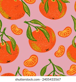 Juicy ripe tangerine with slices and leaves. Tropical exotic fruit. Hand drawn with pencil texture. Vector Seamless pattern.